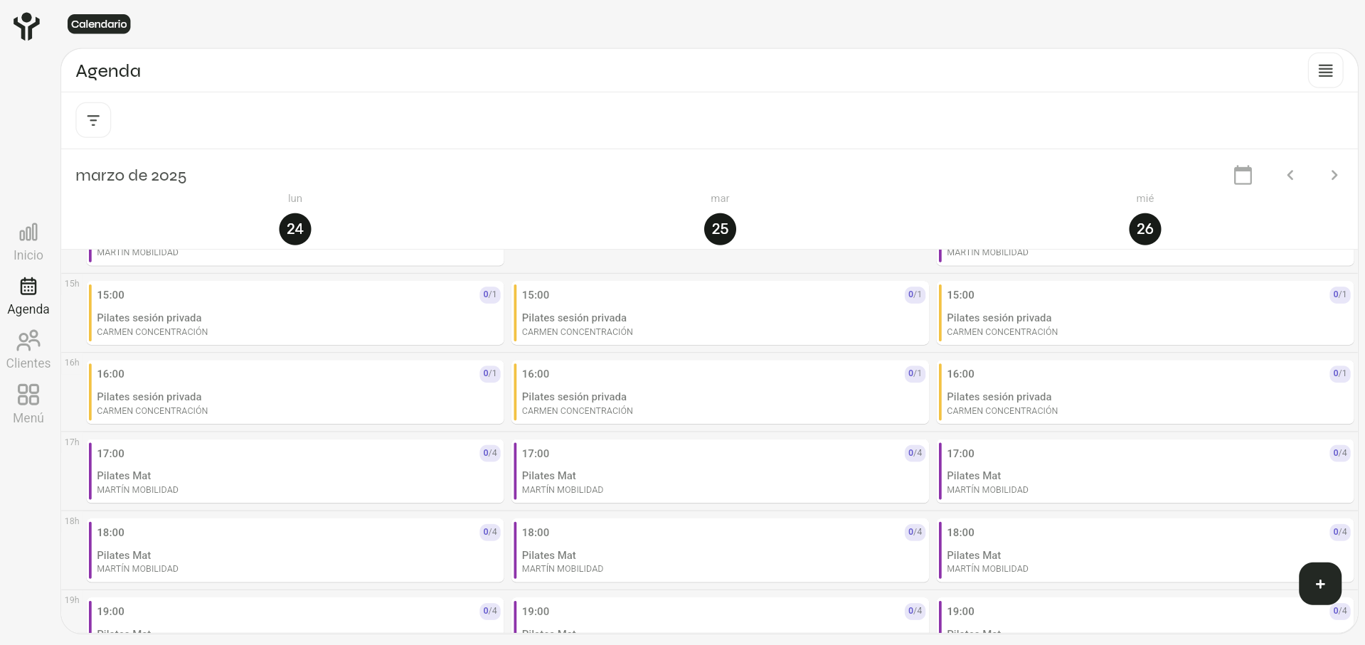 booking dashboard on pilates booking system Tecnofit